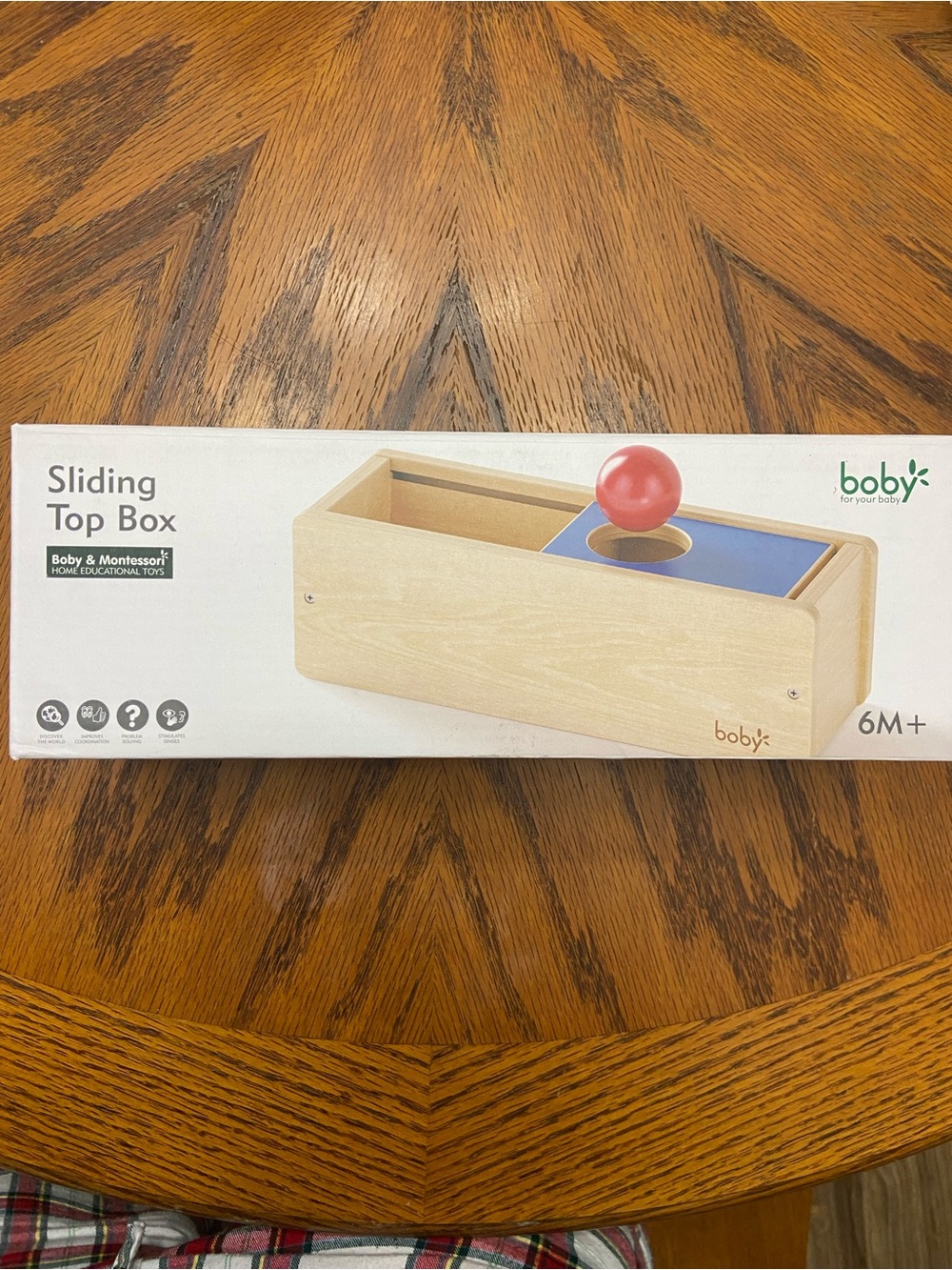 Sliding Top Box Montessori Toy - Natural Wood with Blue Panel and Red Ball